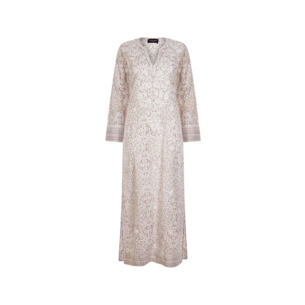 Dandy & Brooks Ahalya Kaftan cotton long sleeve dress embroidery Large tan white
